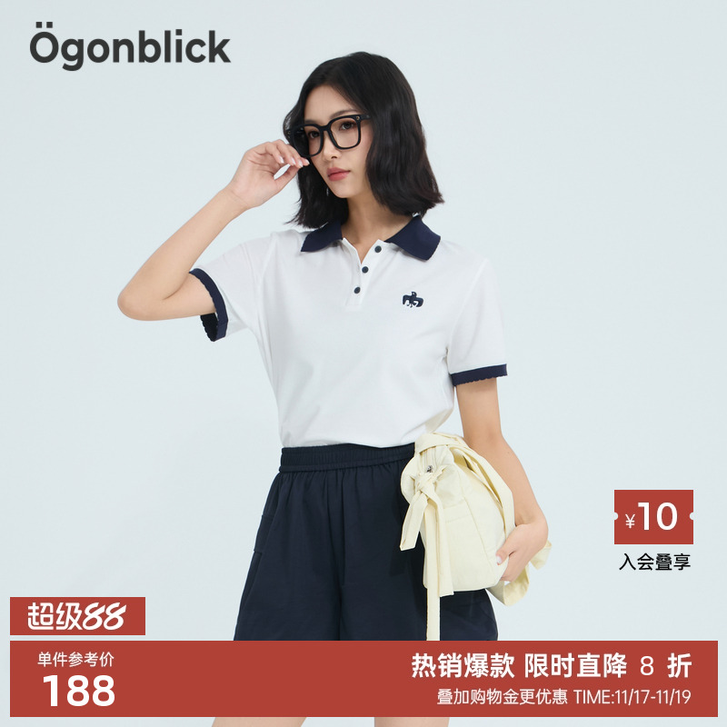 商场同款北欧时刻 燕子刺绣撞色T恤女25年夏季新款Polo领开叉上衣