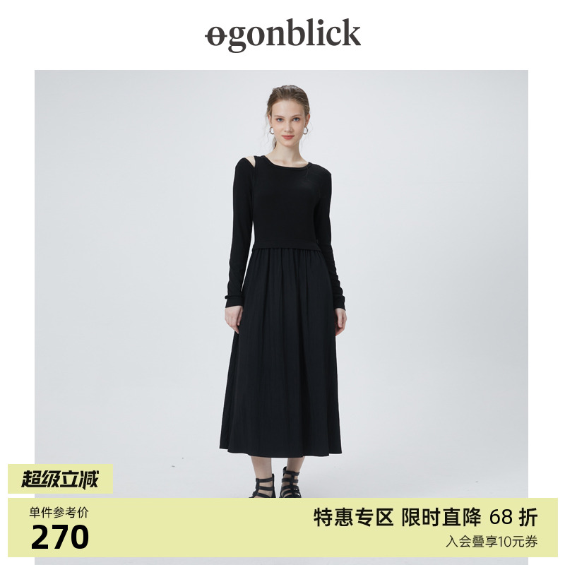 北欧时刻镂空纯黑长袖拼接连衣裙