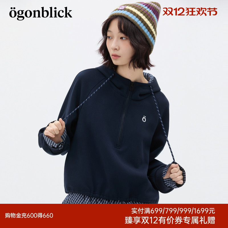 商场同款北欧时刻美式复古连帽立领卫衣女秋冬新款抽绳半拉链上衣