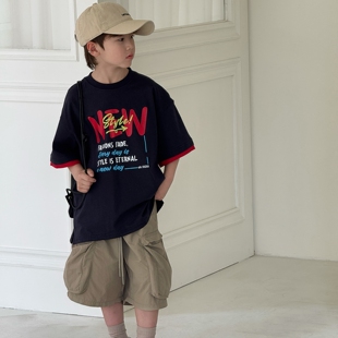 套装 男童纯棉短袖 中大童学生字母宽松百搭半袖 2026新款 潮 T恤夏季