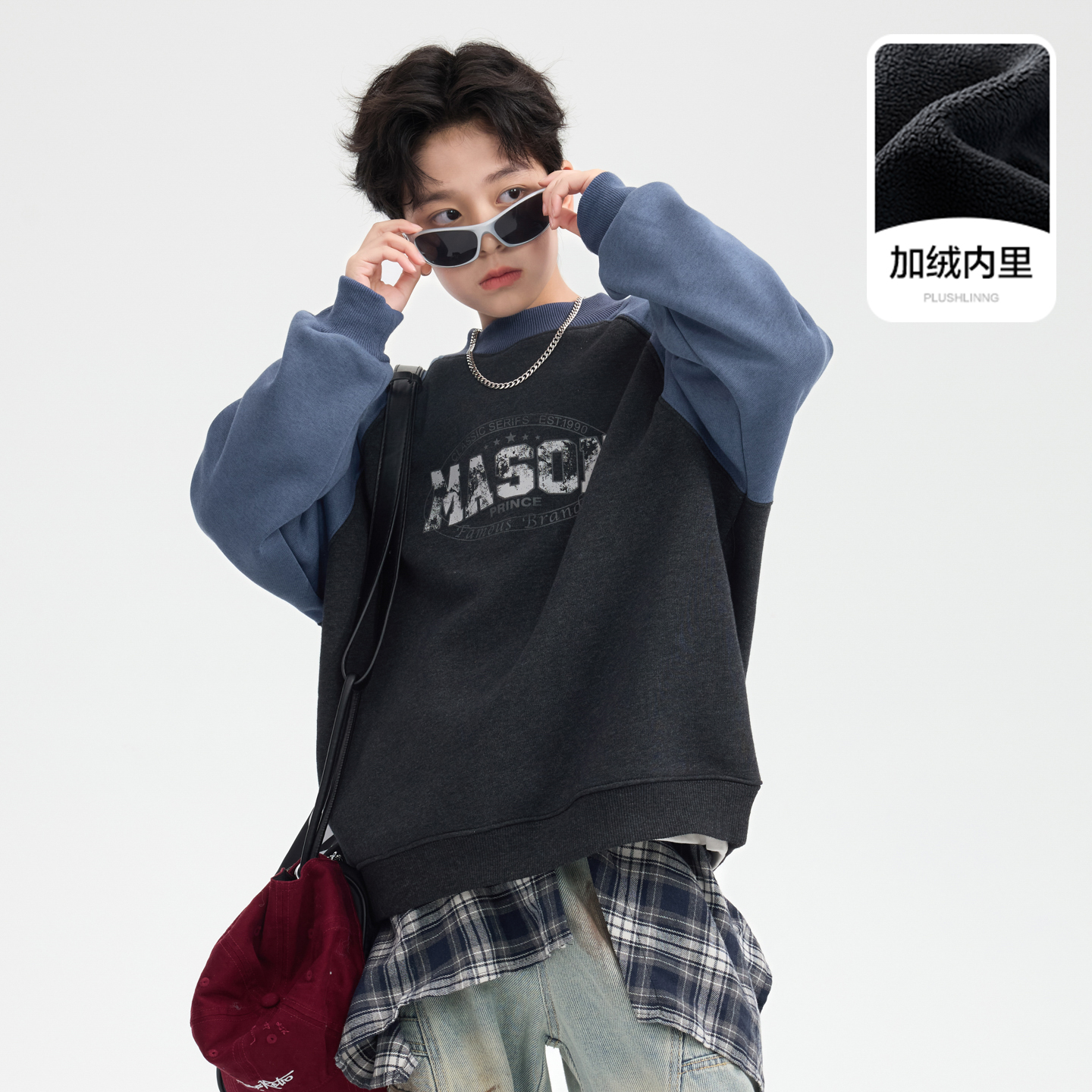 男童冬季韩范加绒运动卫衣2025新款学生青少年儿童加厚保暖上衣潮