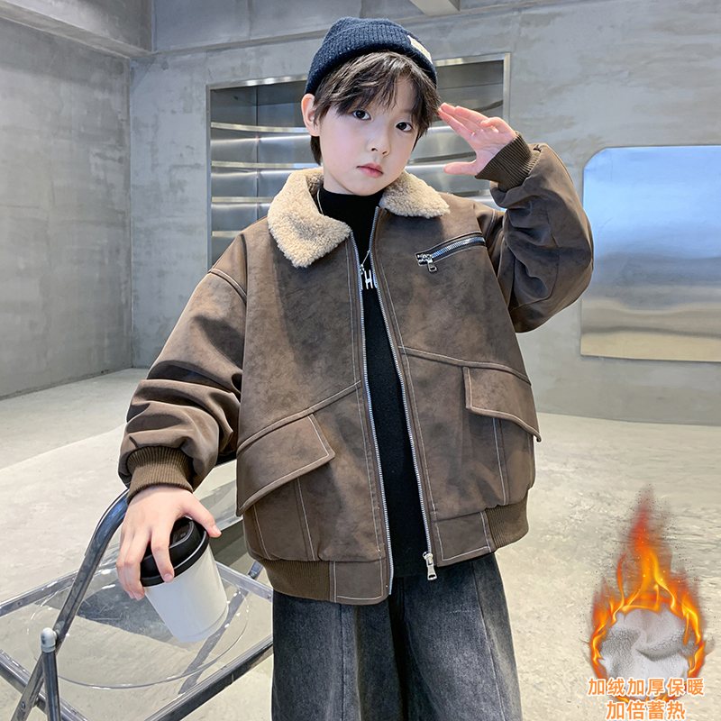 男童加绒外套2025新款秋冬季儿童学生中大童男孩帅气加厚保暖上衣
