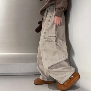 中大童工装风阔腿加绒牛仔裤男童冬季2025新款帅气宽松休闲长裤潮