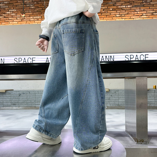 男童宽松阔腿弯刀牛仔裤春秋季2026新款中大童青少年破洞帅气长裤