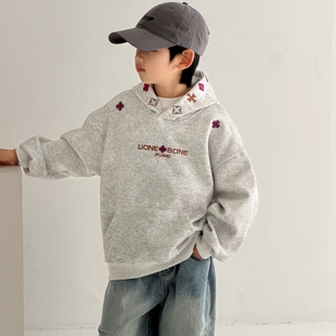 男童韩版刺绣连帽卫衣春秋季2026新款中大童学生宽松oversize上衣