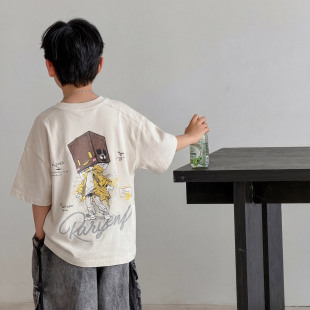 中大童圆领宽松休闲半袖 2026新款 潮 T恤夏季 男童卡通印花纯棉短袖