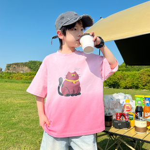 男童夏季纯棉渐变短袖T恤2026新款卡通猫咪印花圆领宽松休闲上衣