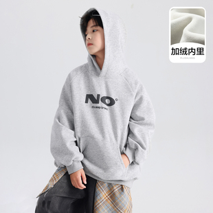 男童冬季一体绒加绒加厚连帽运动卫衣2025新款初中生儿童宽松上衣