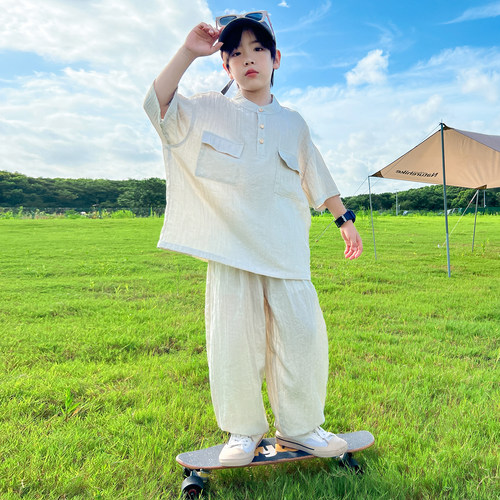 男童夏季凉感棉麻短袖长裤套装