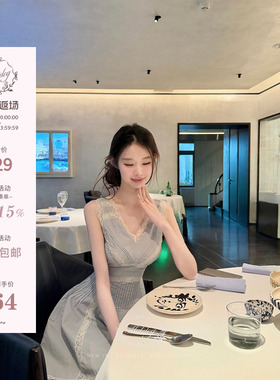 Hotdog 热狗很辣【遐光芙蕾】100%棉淡蓝色V领蕾丝连衣裙女无袖裙