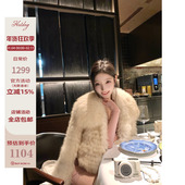Hotdog 裸杏色大翻领皮草外套 100%真狐狸毛 热狗很辣 昭和狐狸