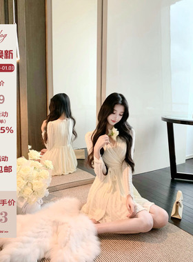 Hotdog 热狗很辣【日暮情书】精致气质女人味白色蕾丝拼接连衣裙