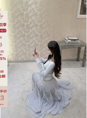 Hotdog 热狗很辣【纱影晚霞】烟蓝色高级感网纱半身裙气质长裙子