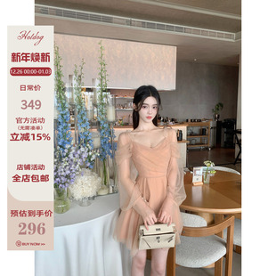 设计感不规则裙摆网纱长袖 粉雾月光 连衣裙女 热狗很辣 Hotdog