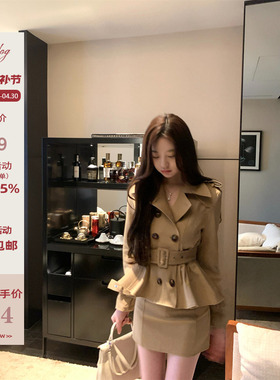 Hotdog 热狗很辣【 迷雾柏林】卡其双排扣外套女春秋+裙裤