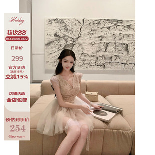 Hotdog热狗很辣【轻纱曼舞】蕾丝拼接网纱设计收腰显瘦无袖连衣裙