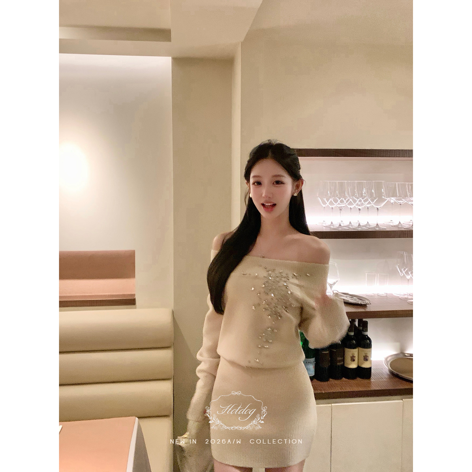 钉珠设计感针织长袖连衣裙图片