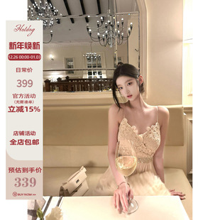 古早钉珠长裙 琥珀琉光 女人味蕾丝吊带连衣裙 热狗很辣 Hotdog