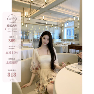 Hotdog 热狗很辣【绯花落日】七分袖方领连衣裙子女温婉气质短裙