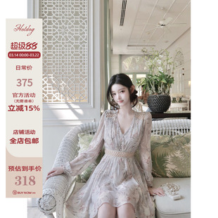 Hotdog 热狗很辣【花容西棠】淡灰色印花连衣裙镂空收腰长袖裙子