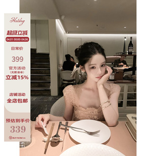 法式 Hotdog 热狗很辣 粉荔鎏光 连衣裙 蕾丝拼接收腰网纱小飞袖