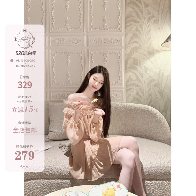 Hotdog 热狗很辣【赫柏月桂】甜美温婉气质花边一字肩长袖连衣裙