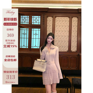 收腰显瘦双口袋设计毛领针织连衣裙 雪绒杏子 Hotdog 热狗很辣