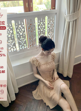 Hotdog 热狗很辣【罗曼蒂克】收腰显瘦裸粉色连衣裙女设计感短裙