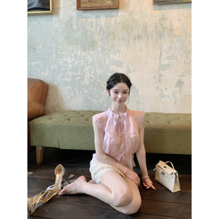 Hotdog 粉恋曼波 粉色抽绳领收腰显瘦微透无袖 上衣女 热狗很辣