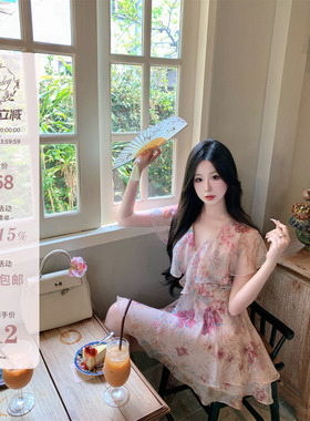 Hotdog 热狗很辣【  月下牡丹浮云生】绑带碎花连衣裙子女