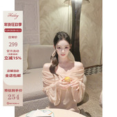 Hotdog 一字肩露肩收腰连衣裙女 纯欲风法式 热狗很辣 晨露蔷薇