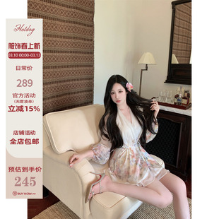 Hotdog热狗很辣【 新中式 一春绮梦花相似】繁花抽绳连衣裙