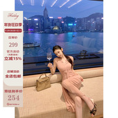 Hotdog 长裙 烟熏粉V领前开叉连衣裙气质长袖 热狗很辣 暮色玫瑰