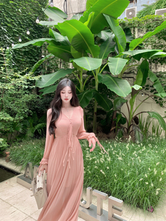 Hotdog 热狗很辣【 黛熏如梦 】V领系带压褶连衣裙温柔长裙