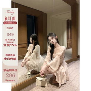 Hotdog 热狗很辣【古董仲夏】喇叭袖雪纺连衣裙女春夏季长袖短裙