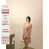 Hotdog 蕾丝抹胸两件套 气质V领交叉连衣裙 热狗很辣 粉萤玉色