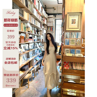 杏色收腰连衣裙子女法式 油画帝政裙 温柔长裙 热狗很辣 Hotdog