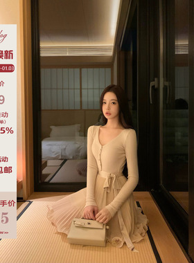 Hotdog 热狗很辣【黎夕旧梦】精致温柔气质蝴蝶结绑带收腰连衣裙