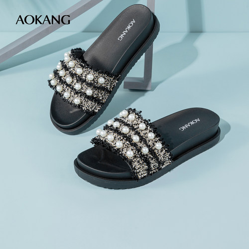 奥康女鞋百搭夏季平底珍珠拖鞋