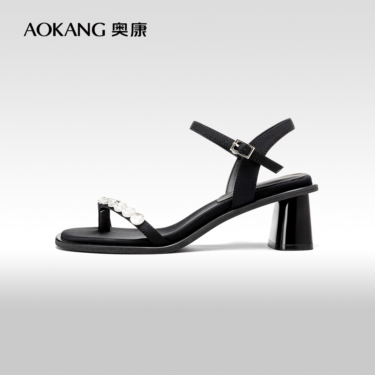 奥康女鞋 夏季新款露趾大水钻一字带时装凉鞋法式粗跟宴会鞋,女鞋,时装凉鞋,淘宝优惠券,粉丝福利购,淘宝优惠卷