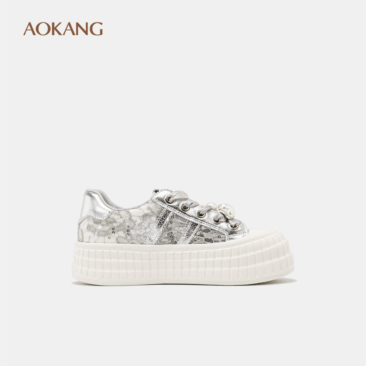 奥康 女鞋2025春秋板鞋甜美镂空蕾丝透气百搭增高休闲运动鞋