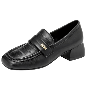 奥康女鞋 春季新款复古百搭舒适通勤一脚蹬单鞋英伦方跟皮鞋