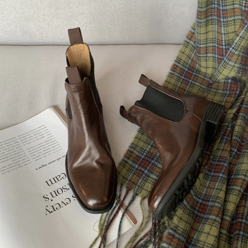 WASHED TIRE COWHIDE CHELSEA BOOTS BRITISH STYLE RETRO AUTUMN AND WINTER BROWN LEATHER RETRO SMALL SQUARE TOE HANDMADE BOOTIES WOMEN