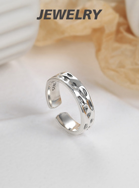 手工锡纸纹理s925纯银戒指ins冷淡风小众设计款高级感中性食指戒