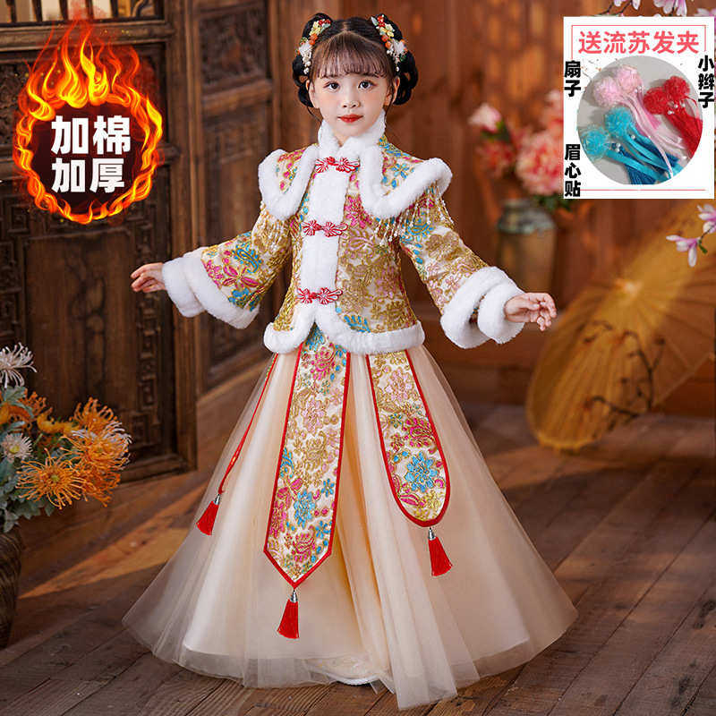 Y现货汉服冬款女童拜年服儿童连衣裙冬季加绒加厚小女孩拜年