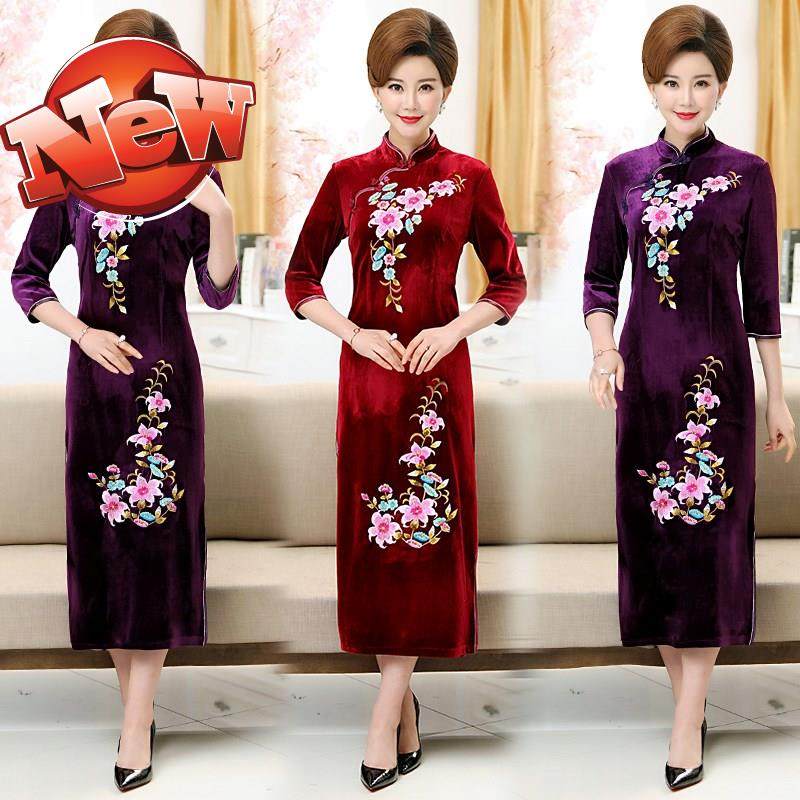 k年轻妈妈nvx四十来岁40几50多60中年妇女穿春绣花长款旗袍七分袖|ruв категории Женская одежда, в пожилых женщин - от Buy2taobao.com для оказания профессиональной услуги покупки агента Taobao