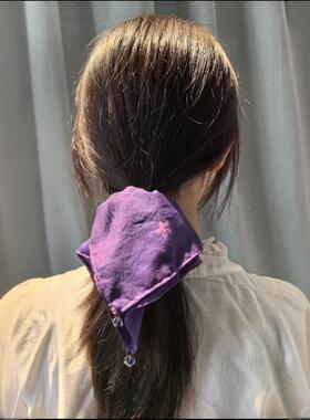 新品小众气质紫色刺绣花朵大肠发圈发绳 法式田园风发饰皮筋女