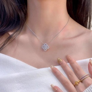 HW四叶草项链女Loop花型吊坠满钻18K白金轻奢锁骨链七夕女友礼物