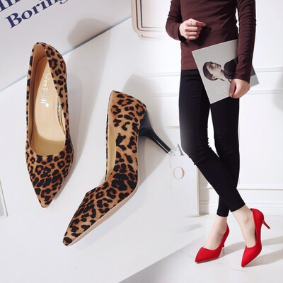 Leopard women high heel shoes plus size 44 single shoes单鞋