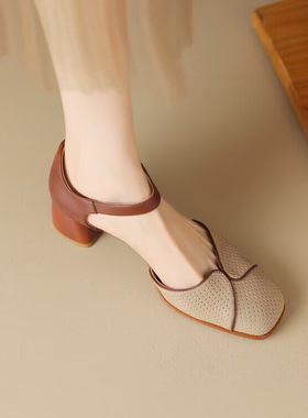 Retro hollow thick heel buckle strap women's sandals, summen